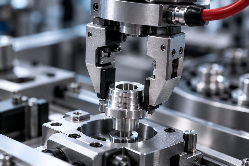 A robotic gripper handling a precision metal component.