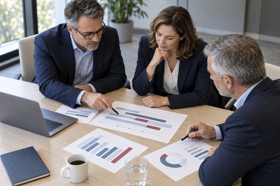 Three professionals discussing shared planning documents around a meeting table.