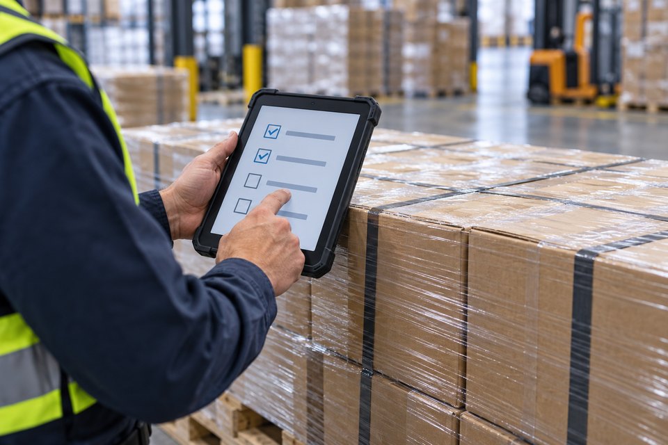A warehouse specialist using a rugged tablet beside wrapped pallets in an inspection area.