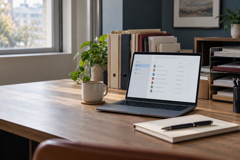 Organized folders and document trays beside a laptop displaying a document library.