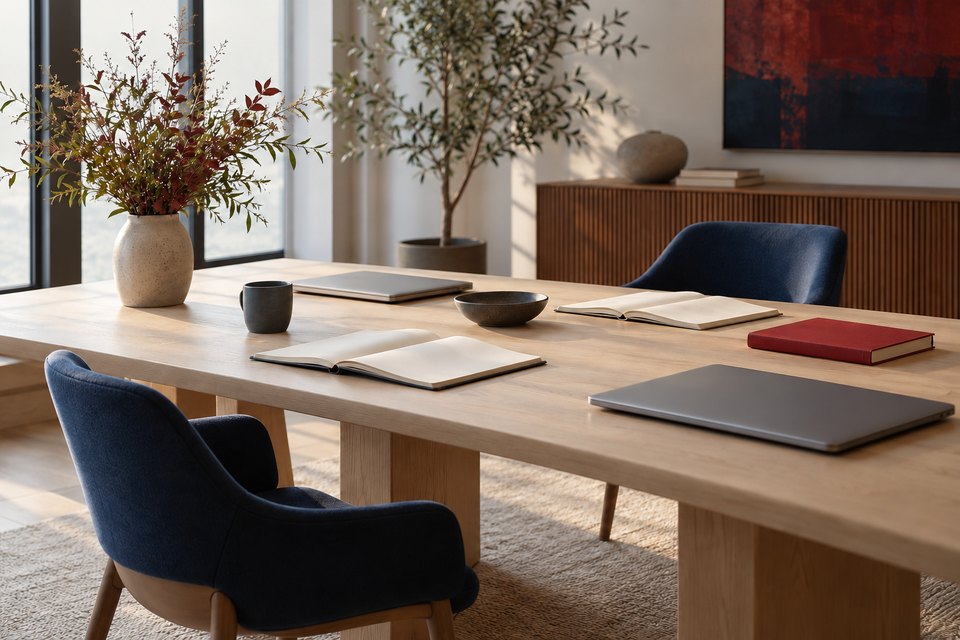 A bright workspace with a shared table and chairs.